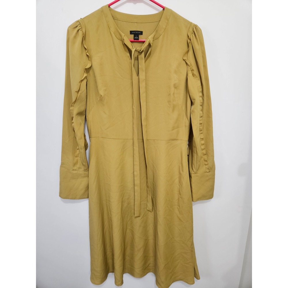 Ann Taylor Mustard Yellow Tie Neck Ruffle Shoulder Fit and Flare Dress Size 2
